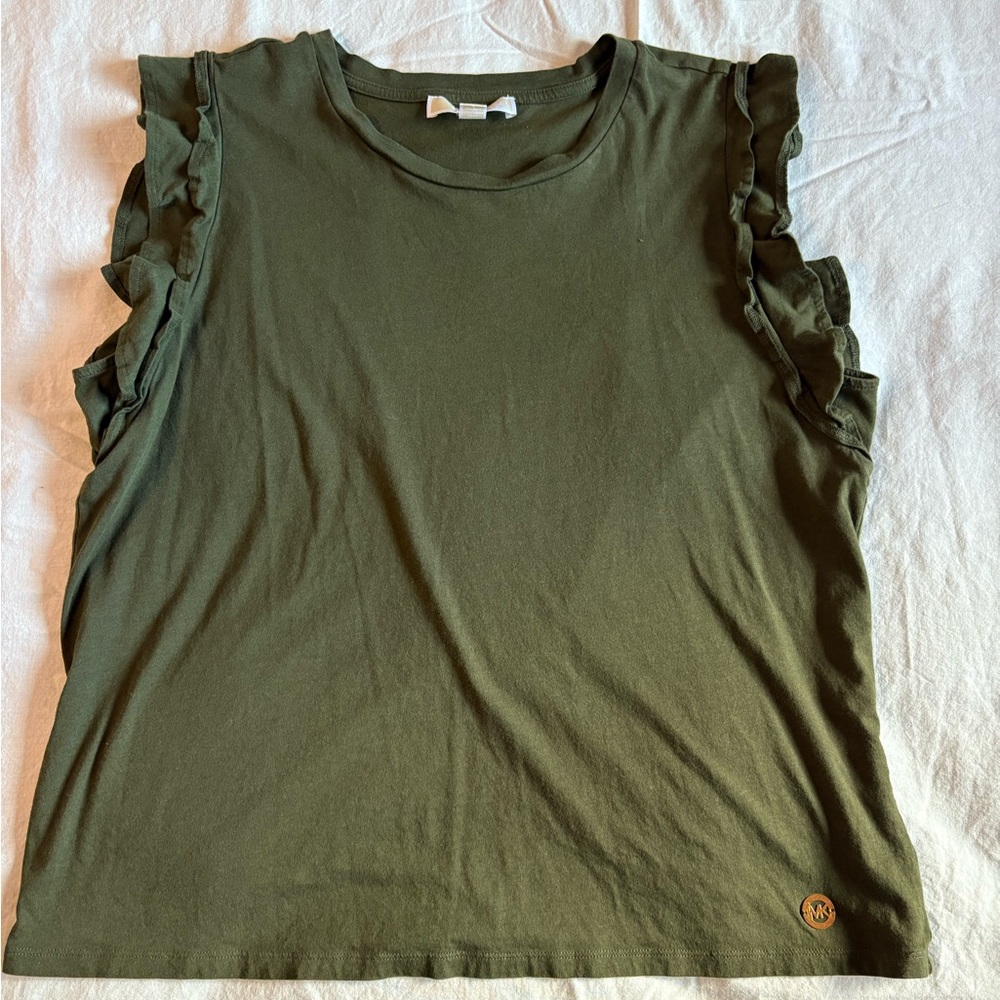 Michael Kors Olive Green Ruffle Cap Sleeve Top